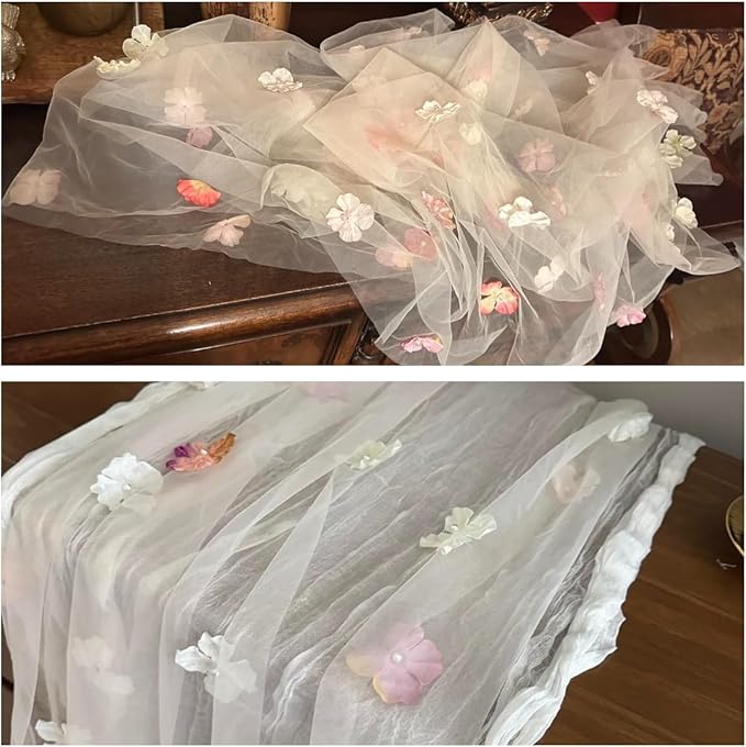Romantic Artificial Floral Table Runner 10ft Gauze Tulle Lace Table Runner Set for Wedding Baby Shower Bridal Shower Holiday Kitchen Dining Table Decoration for Home Party Special Occasion