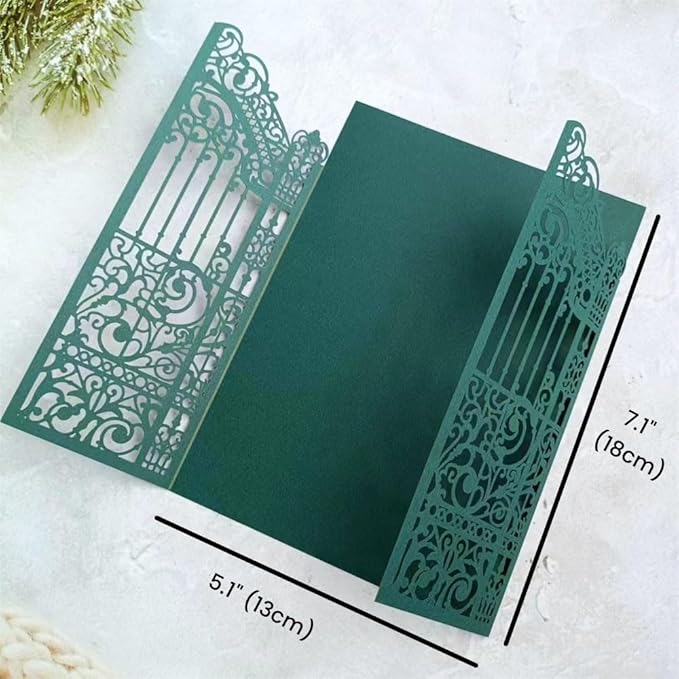 MillaSaw Dark Green Laser Cut Gate Invitation Sleeve DIY Wedding Invitation 25 Sets (dark green, 4.9"x7.1")