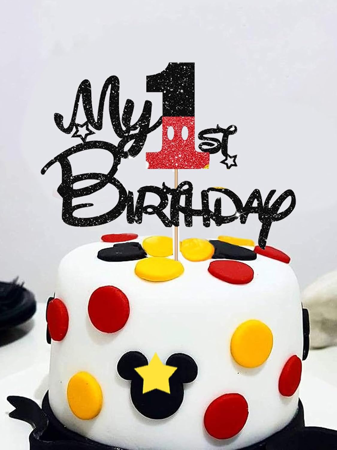1st Birthday Cake Decorations for Boys, One Year Old Birthday Numeral 1 Cake Candles and Glitter Cartoon Black Red Cake Toppers Set for Birthday Party Supplies (Number 1, Red)