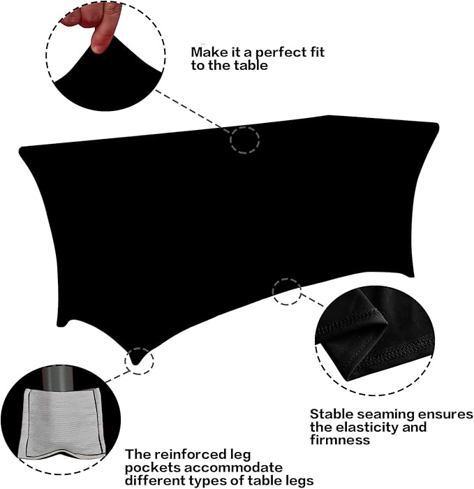 IVAPUPU 4FT Spring Table Cloth for Rectangular Fitted Events Stretch Black Table Covers Washable Cover Spandex Tablecloth Protector for Party, Wedding, Cocktail, Banquet, Festival