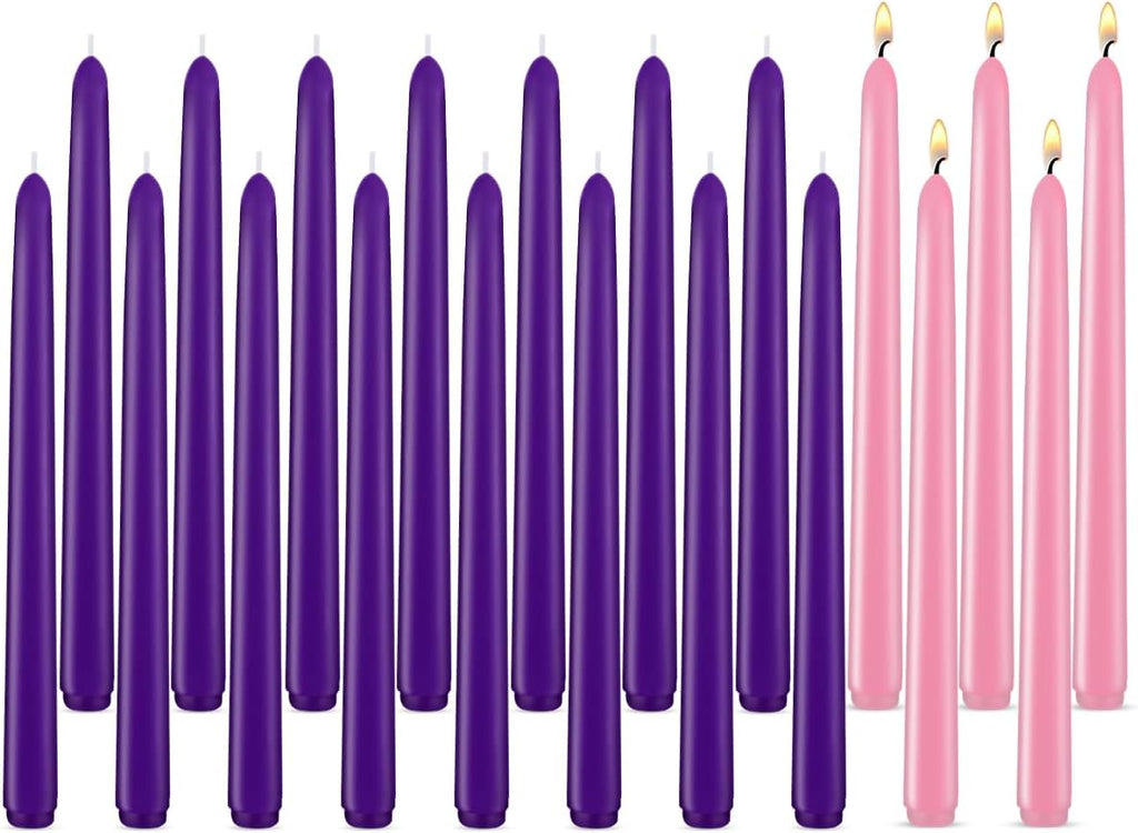 20 Pack Advent Candle Set, 15 Purple 5 Pink Taper Candles, 10 Inch Smokless and Dripless Candlesticks for Advent Christmas and Seasonal Celebration