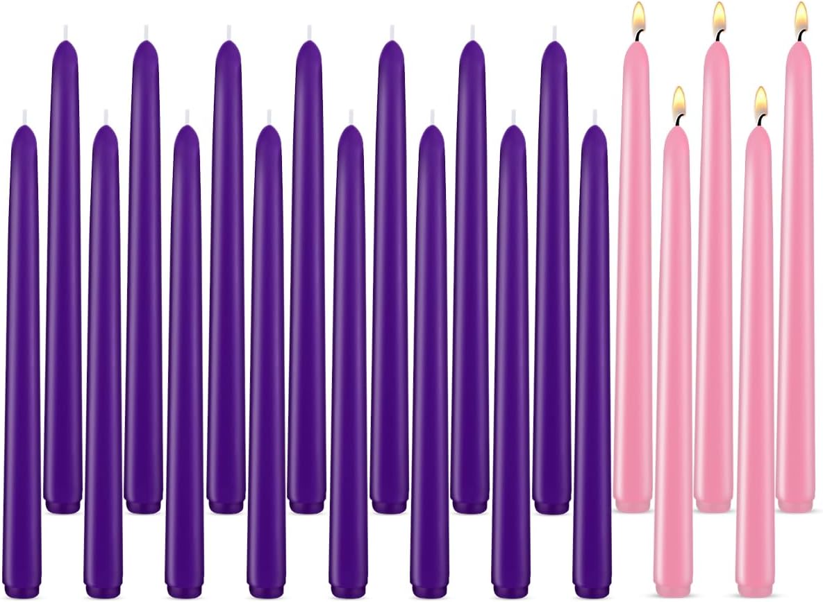 20 Pack Advent Candle Set, 15 Purple 5 Pink Taper Candles, 10 Inch Smokless and Dripless Candlesticks for Advent Christmas and Seasonal Celebration