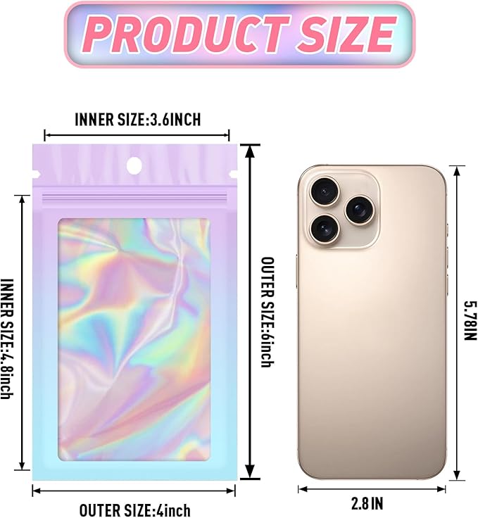 Funfery 100 Pack Holographic Bags,Mylar Resealable Bags with Zipper,Clear Window Packaging Pouch,Plastic Foil Bag for Food Storage,Sample Jewelry Baggies(4×6in,Purple Blue)