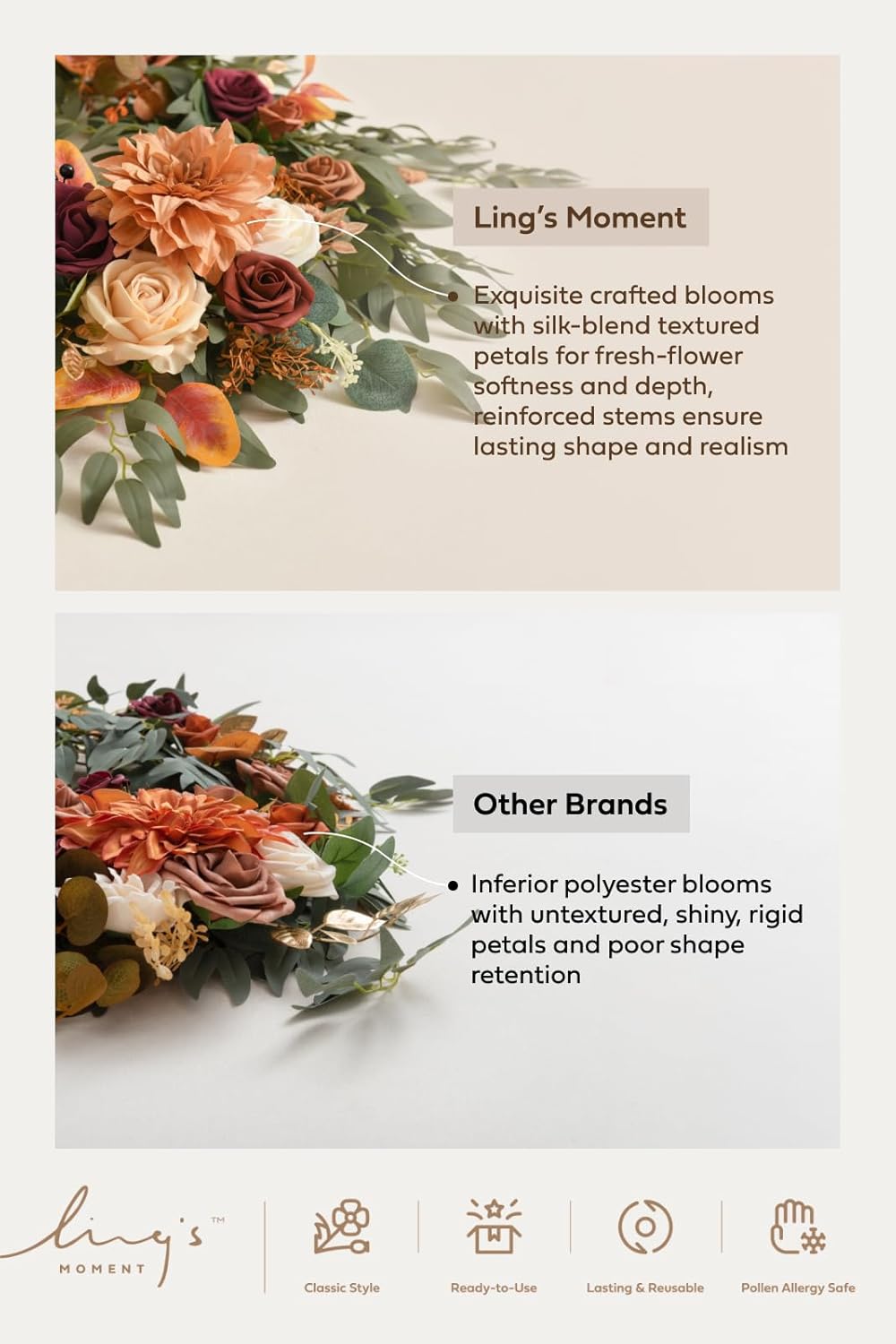 Ling's moment Flower Garland - 6FT Eucalyptus & Rose - Sweetheart Table Decor for Wedding Reception, Artificial Floral Garland for Mantle, Spring Garden Ceremony, Christmas Decoration, Beige Brown