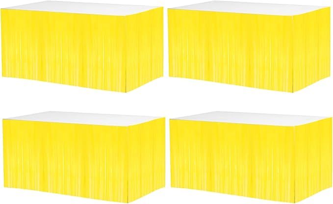 4 Pack 29x108 Inch Metallic Foil Fringe Tinsel Table Skirts for Rectangle Tables Streamer Backdrop for Wedding, Birthday, Parade Floats, Christmas, Halloween Party Decoration(New Yellow)