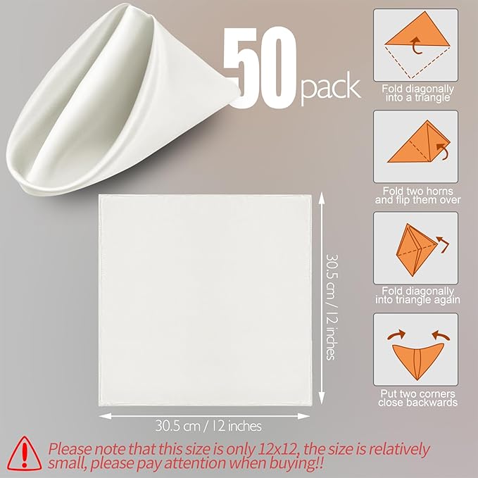 Manyshofu 50 Pieces Ivory White Satin Napkins - 12x12 Inches Cloth Napkins, Square Satin Fabric Napkin Set - Elegant & Reusable Table Napkins for Wedding Dinner Party Lunch Banquet Decoration