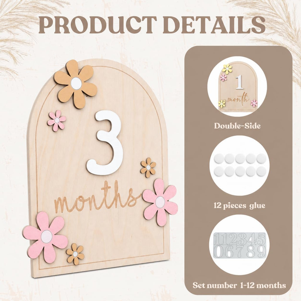 Baby Monthly Milestone Sign,1-12 Monthly Milestone Signs, Baby Girl Nursery Decoration, Newborn Photography Props Double-Sided (M01)