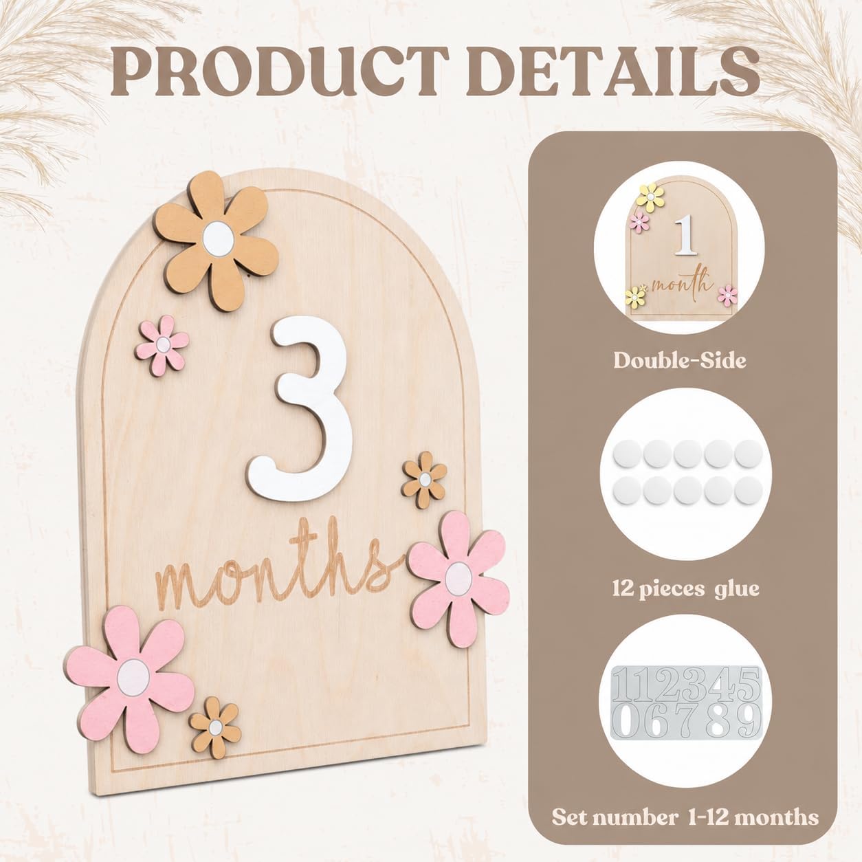 Baby Monthly Milestone Sign,1-12 Monthly Milestone Signs, Baby Girl Nursery Decoration, Newborn Photography Props Double-Sided (M01)
