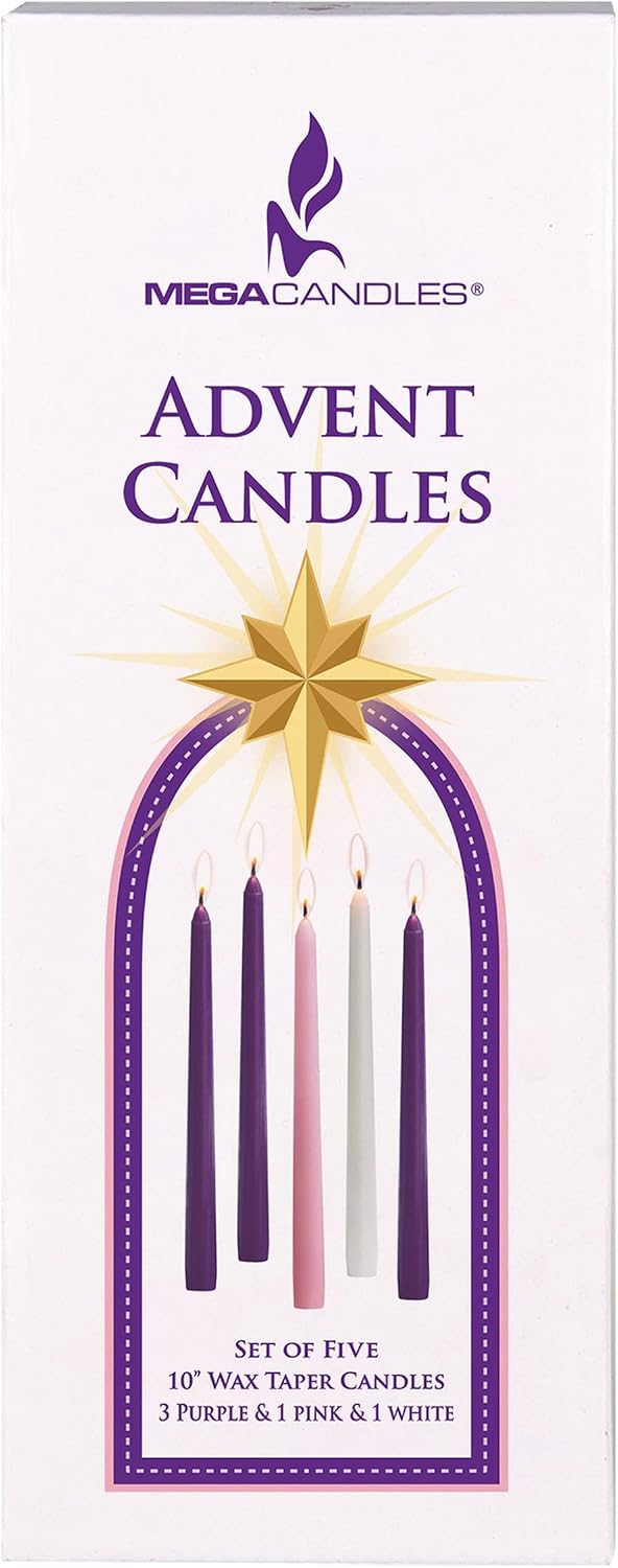 Mega Candles 5 pcs Unscented Christmas Advent Candles Set, Hand Poured Premium Wax Taper Candle 10 Inch x 7/8 Inch, Holidays, Occasions, Events, Festivitiess, Devotional, Church, Wreath, Party, Gifts