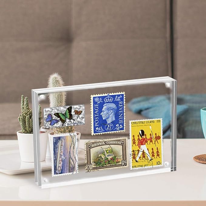 HELPLEX 5 Pack 4x6 Acrylic Picture Frames, 20mm Thicker Frameless Clear Frame Double Sided Magnetic Frame, Free Standing Desktop Display Stand Acrylic Frames