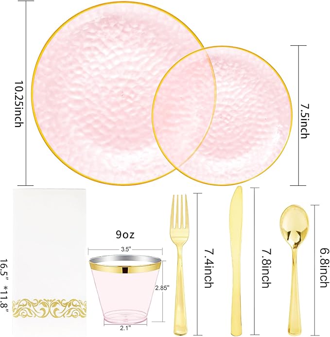 Rubtlamp 350 Pcs Clear Pink Plastic Plates, Pink Gold Plastic Dinnerware Set (50 Guests), Disposable Plates With Gold Rim, Hammered Party Plates Set for Wedding And Party