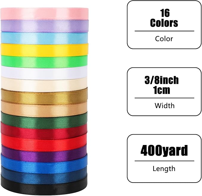 NESCCI 400 Yards Ribbon,3/8 Inch Satin Ribbon,Single Face Satin Ribbons, Perfect for Gift Wrapping,Wedding Decoration,Handmade Bows,Wrapping Bouquet,Halloween, Christmas