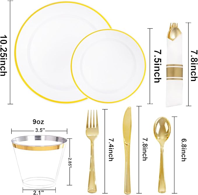 SUT 350 Pcs Gold and White Plastic Dinnerware Set for 50 Guests, Include: 50 Dinner Plates, 50 Dessert Plates, 50 Pre Rolled Napkins With Silverware, 50 Cups, Disposable Plates for Party, Wedding