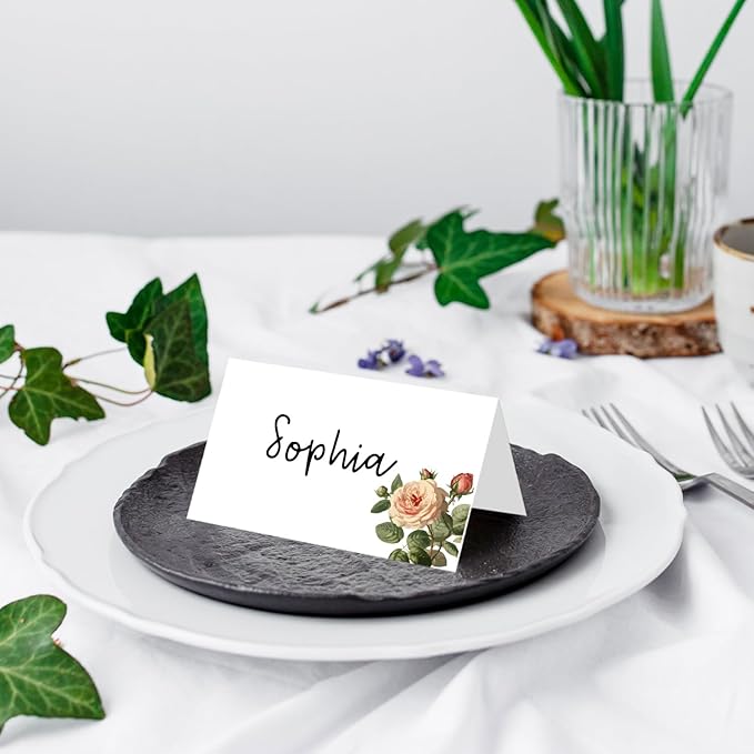 25 Pack Floral Place Cards, Editable Name Cards for Table Setting, Tent Cards Food Label for Dinner Party, Bridal Shower, Wedding, Baby Shower and Events -T05