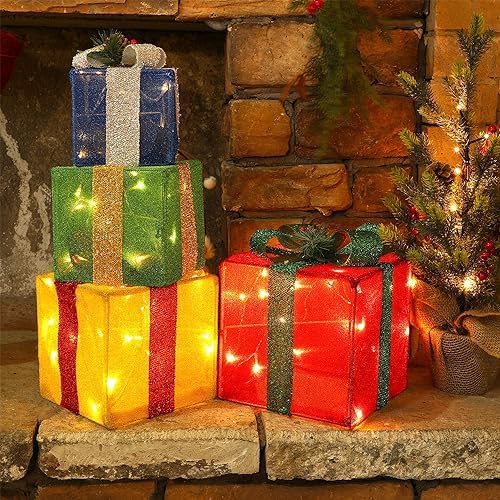 set of 4 christmas lighted gift boxes decorations showing dimensions