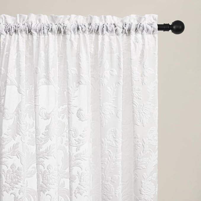 Curtains Sheer White Curtain Panels Boho Farmhouse Drapes with Vintage Floral Pattern 45" Short Length Rod Pocket for Bedroom Living Room Windows French Elegance 3D Relief, Set of 2 (52" Wide Each)