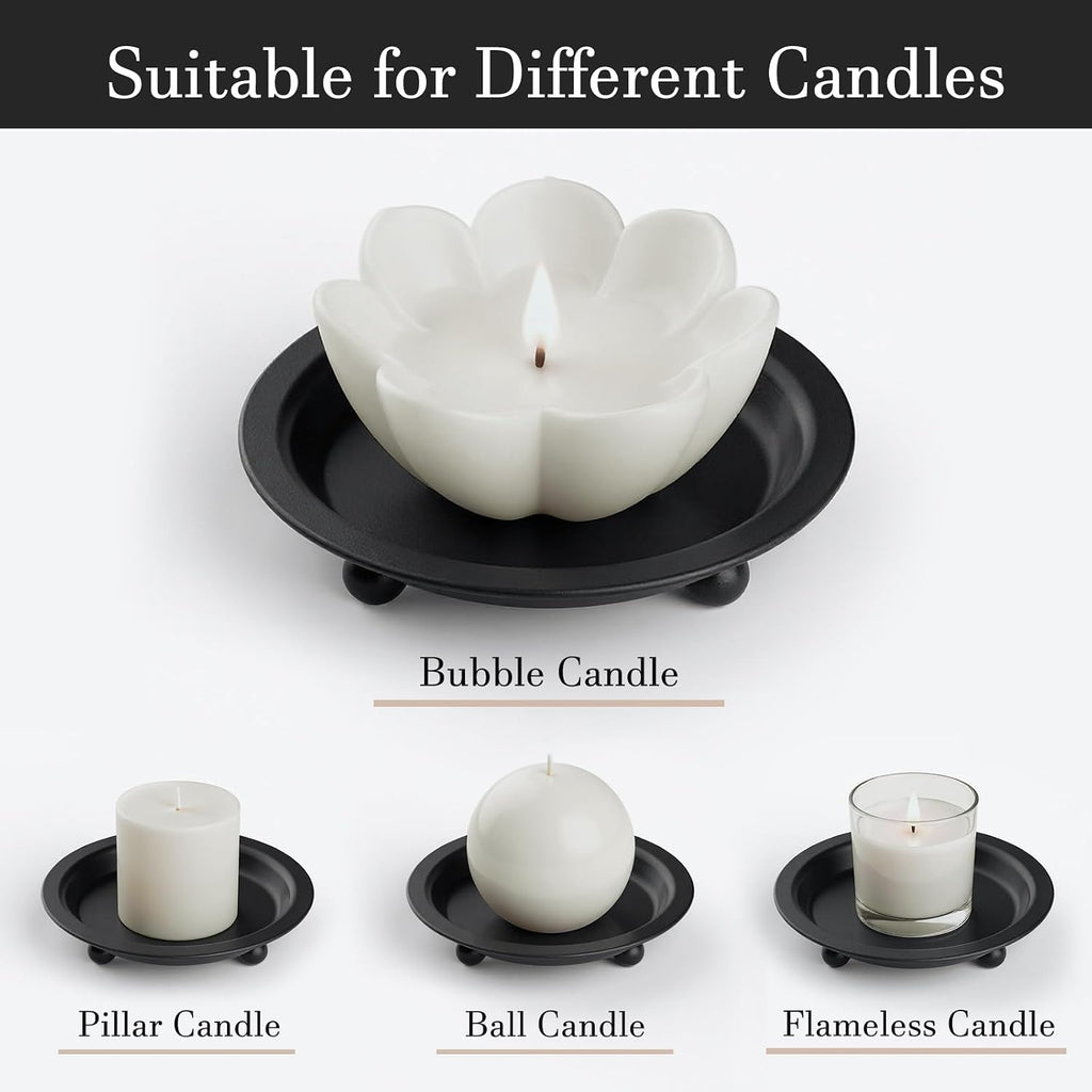 Black Candle Candlestick Holder Decor, 4.13 Inch Round Candles Tray Holders Set of 2, Iron Plate Candle Stand for Pillar Ball Candles, Metal Porta Velas for Home Decor Table Centerpiece