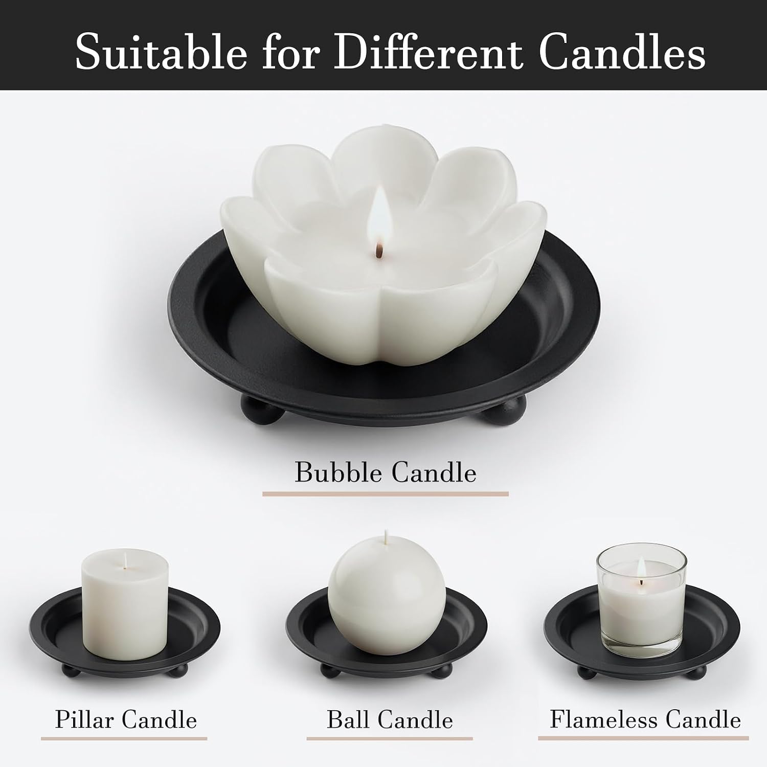 Black Candle Candlestick Holder Decor, 4.13 Inch Round Candles Tray Holders Set of 2, Iron Plate Candle Stand for Pillar Ball Candles, Metal Porta Velas for Home Decor Table Centerpiece