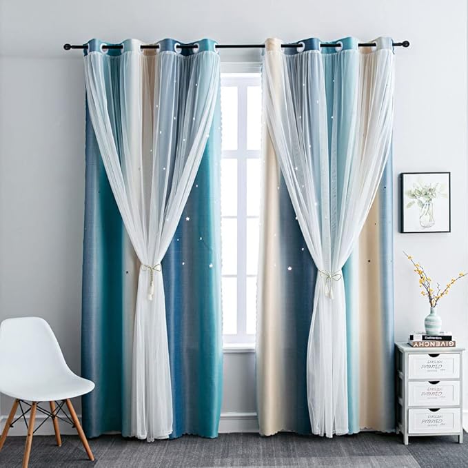 FANLI Ombre Rainbow Blackout Curtains for Kid Girls Bedroom Living Room Darking Stripe Double Layer Star Cut Out Wall Home Decor Gradient Grommet Window Curtains (Blue/Yellow, 52W x 63L)