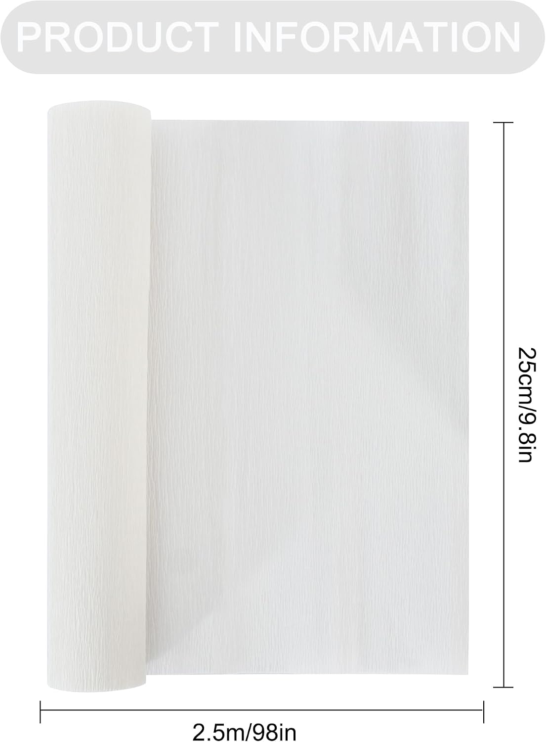BEISHIDA White Crepe Paper Roll, 9.8 Inch Wide 8ft Long Crepe Paper Sheet for Flower Making, Wedding Ceremony, Birthday Holiday Halloween Party Decoration,DIY Craft(2Rolls)
