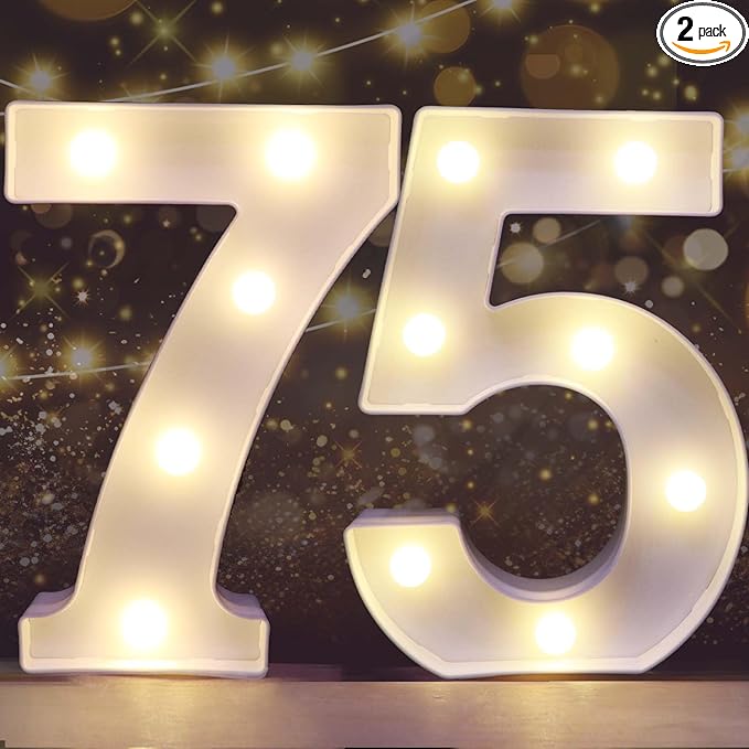 Pooqla Decorative Led Light Up Number Letters, White Plastic Marquee Number Lights Sign for 75th Birthday Party Wedding Decor Battery Operated Number (75)