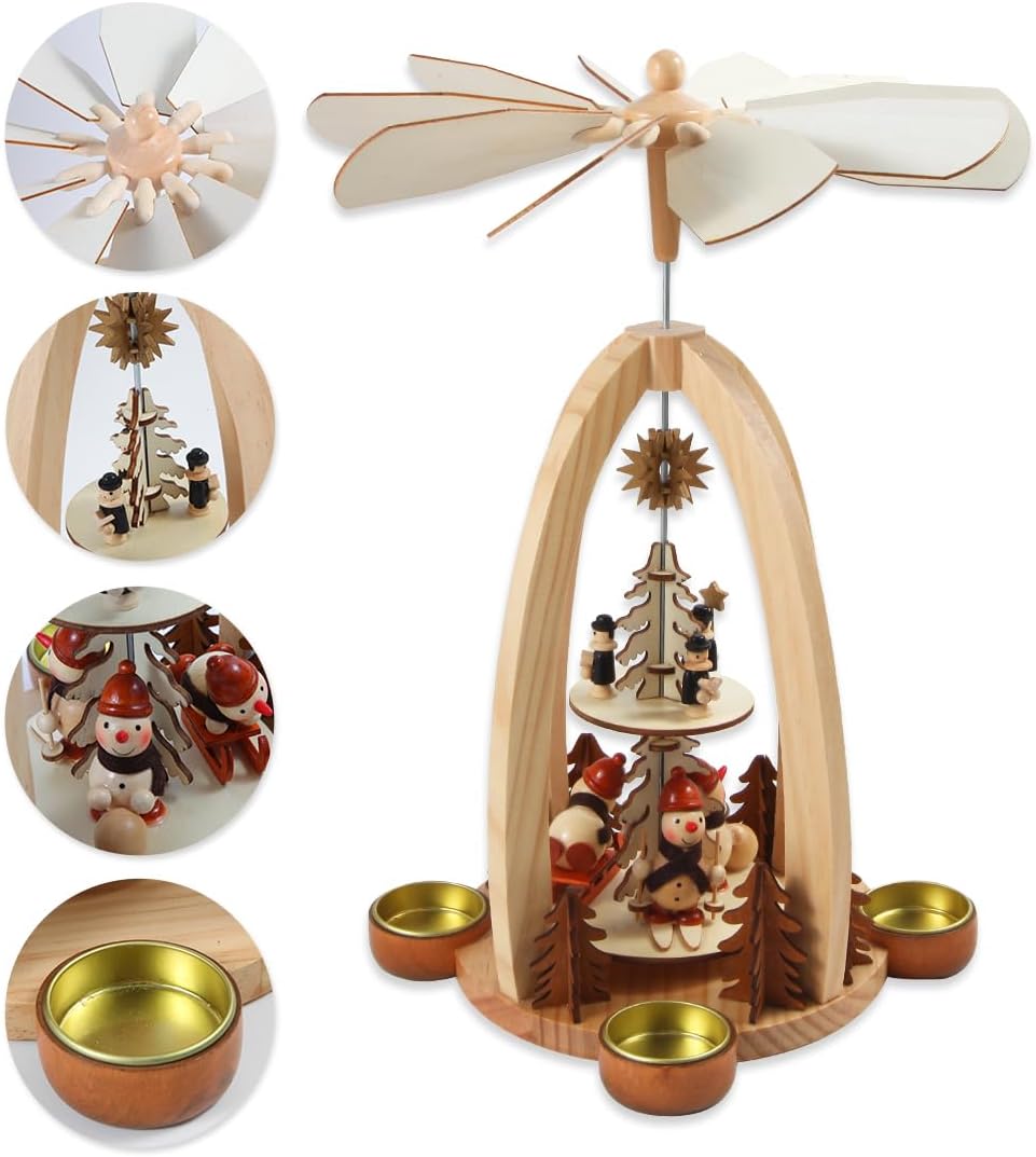 14Inch Wooden Christmas Pyramid with 4 Candle Holders-Nativity Scene Set for Christmas Tabletop Decor (ONE)