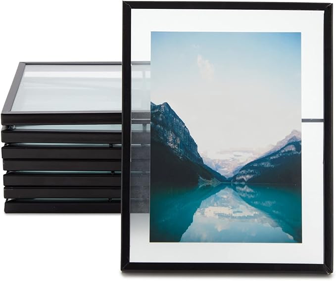 Juvale Wedding Floating Glass Picture Frames - 8-Pack, Black, 6.9" x 8.9", for 5" x 7" Photos - Hanging Picture Frames & Table Number Display - Double-Sided Glass & Easel Back