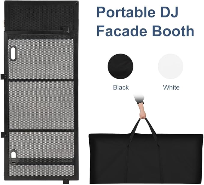 LUCKUP Portable DJ Booth 41"L x 20"W DJ Facade with White & Black Scrim, Foldable DJ Table Station with Adjustable Feet for Party, Black Metal Frame