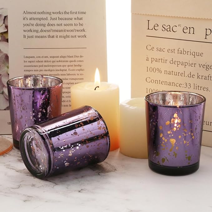 Purple Mercury Glass Tea Light Holders Set of 36 - Elegant Votive Candle Holders for Weddings, Showers and Home Decor - Perfect for Table Centerpieces and Parties (Glass, Purple)
