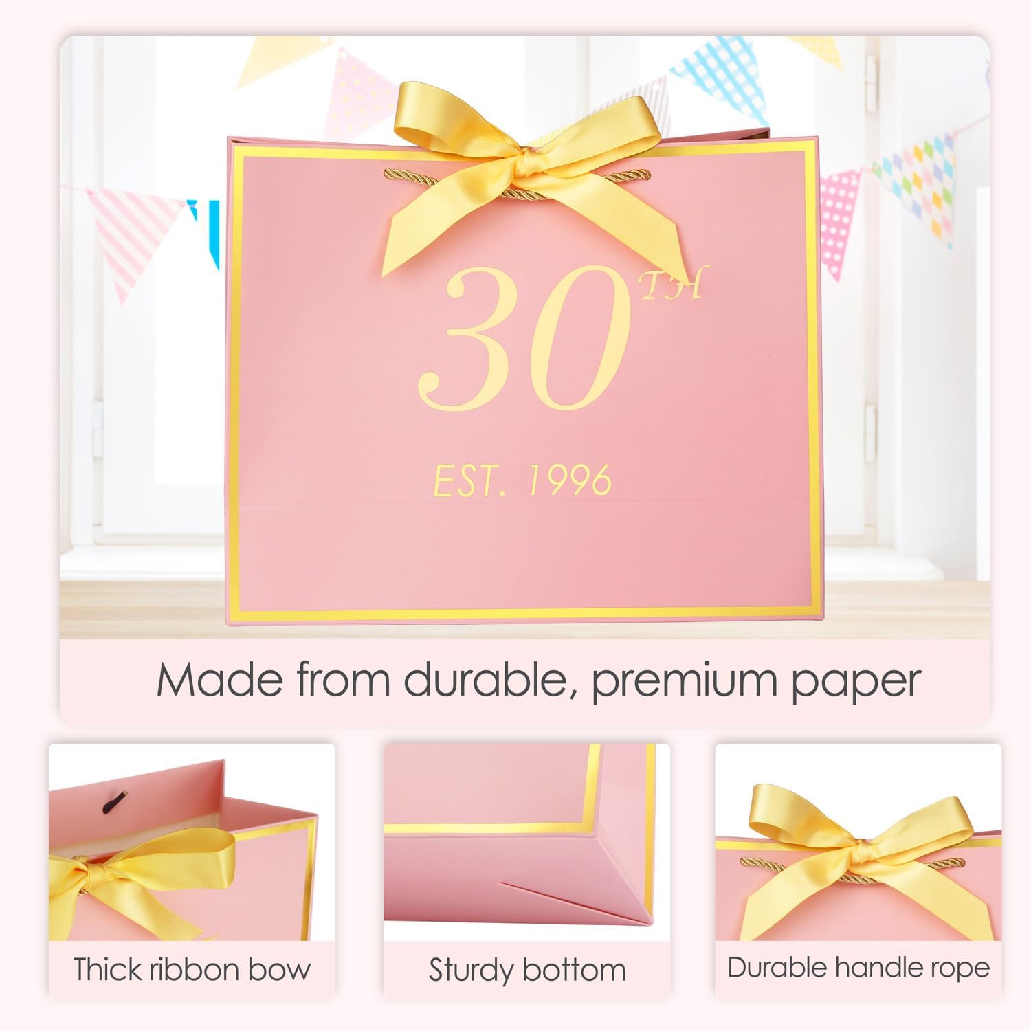 momoake 30th Birthday Gift Bag with Card and Tissue Paper for Women/Her, 1996 30 Year Old 13" Elegant Pink Gold Anniversary Keepsake Party Present Shopping Paper Bags for 30th Birthday Decorations