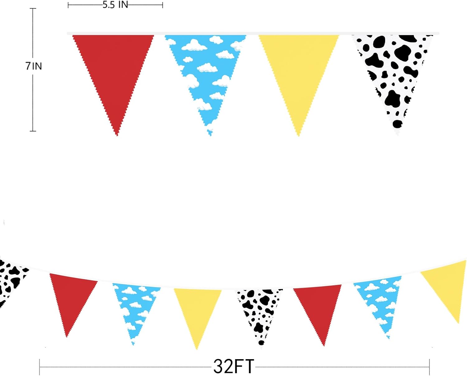 32Ft Cartoon Story Party Decorations Red Blue Yellow Toy Themed Story Fabric Banner Cloud and Cow Print Triangle Pennant Flag Garland Streamers for Birthday Outdoor Garden Decor Supplies