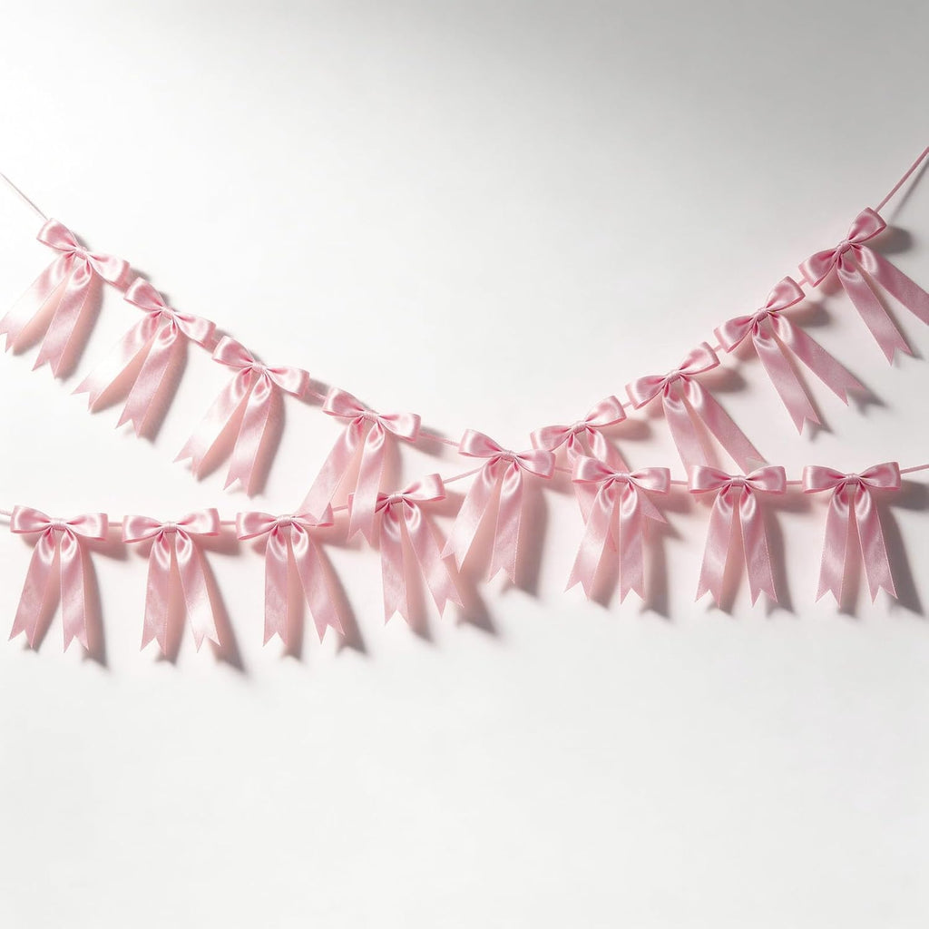2 Strings Pink Bow Garland Banner Decorations, 16Pcs Pre-Strung Satin Ribbon with 6.7ft Chain for Girl Pink Ribbon Bow Banner Coquette Room Birthday Baby Bridal Shower Wedding Bachelorette Party Decor