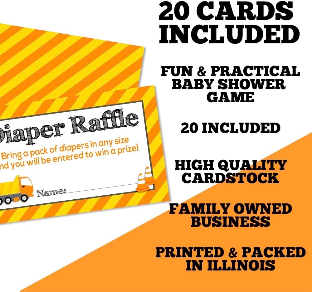 Amanda Creation Baby Under Construction Diaper Raffle Tickets for Baby Boy Showers, 20 2" X 3” Double Sided Insert Cards for Games, Bring a Pack of Diapers to Win Favors & Prizes!