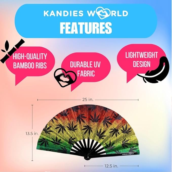 Kandies World UV Reactive Custom Festival Folding Hand Fan - Unique Designs, Made of Bamboo, Clacking Sound, Lightweight - Perfect Rave and Festival Accessory!