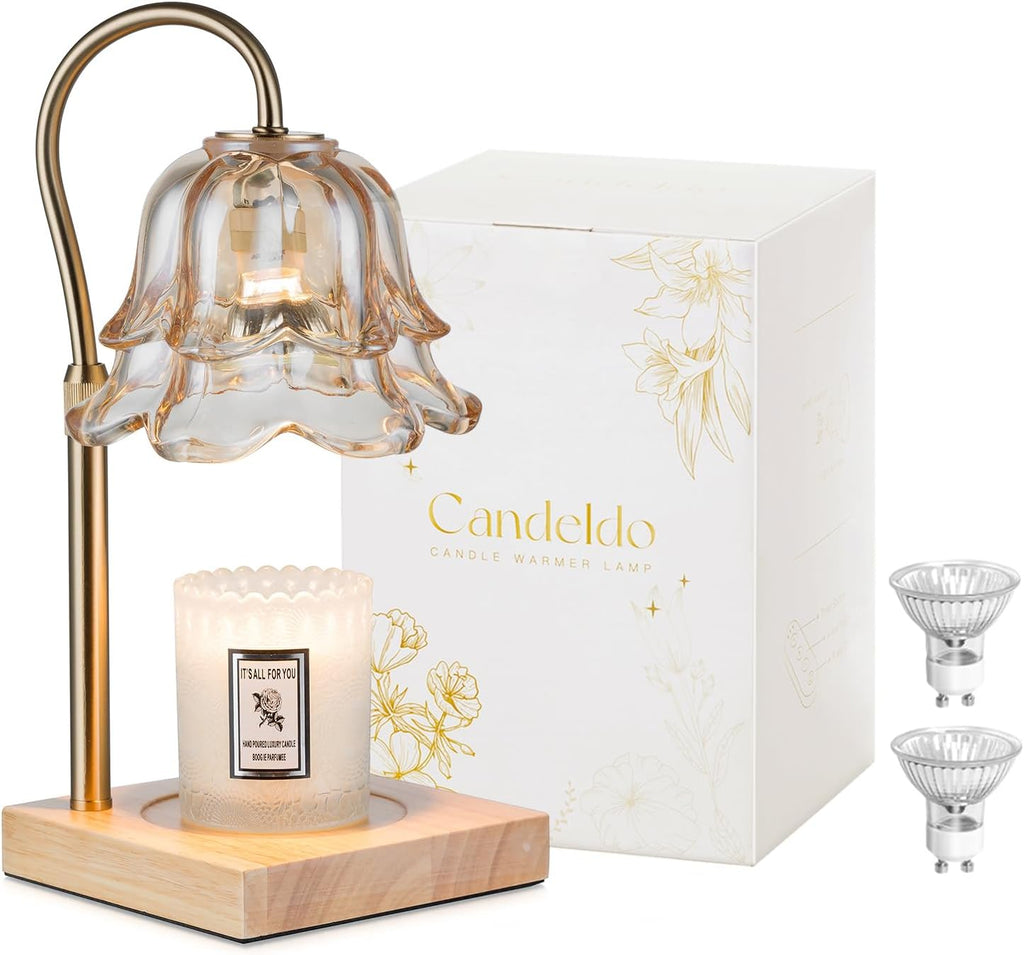 Candeldo Candle Warmer Lamp with Timer, Gold Flower Glass Shade | Height Adjustable, Dimmable, Fits 3-Wick Candles and Wax Melts, Ideal for Bedroom Decor, Birthday Gifts for Women