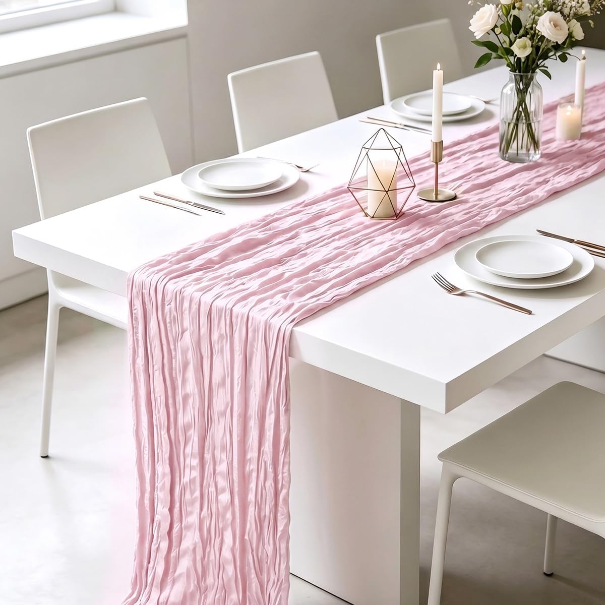 3 Pack Light Pink Cheesecloth Table Runner 21 x 120 Inch Boho Gauze Sheer Table Runner 10FT Long for Wedding Baby Shower Bridal Shower Easter Holiday Birthday Home Decor