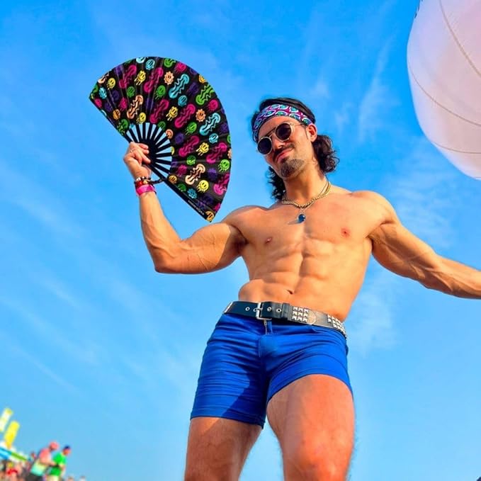 Kandies World UV Reactive Custom Festival Folding Hand Fan - Unique Designs, Made of Bamboo, Clacking Sound, Lightweight - Perfect Rave and Festival Accessory!