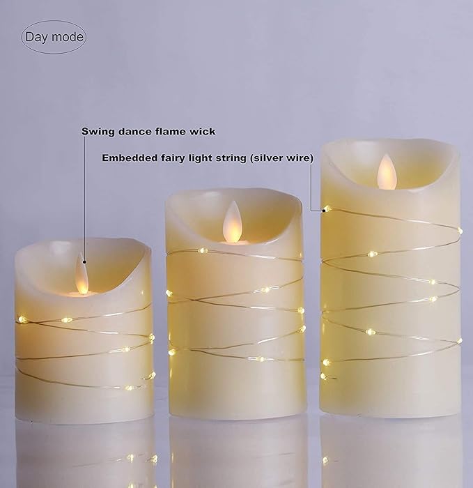 DANIP White LED flameless Candle with Embedded Star Light String, Three Piece LED Candle, with 11 Key Remote Control, 24-Hour Timer Function, Dancing Flame, (Ivory White)