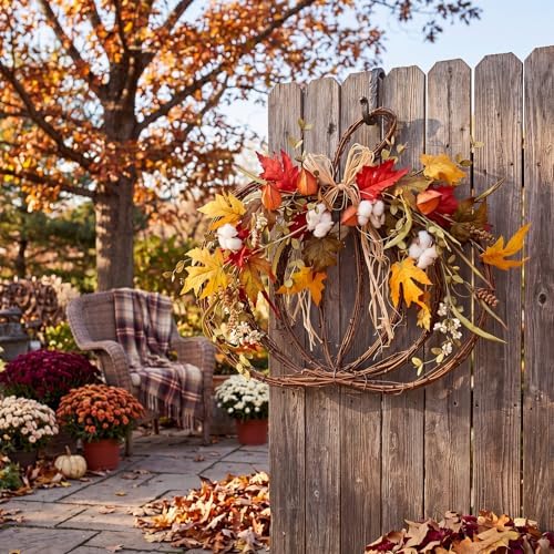 fall pumpkin wreath for front door, grapevine maple on a desk or shelf