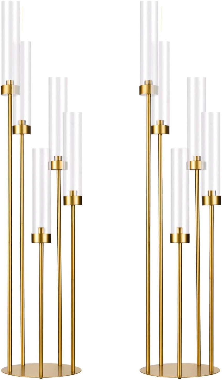 2PCS Gold Floor Candelabra,5 Arm Candle Holder Tall Floor Candle Holder with Acrylic Lampshade for Wedding Table Birthday Party Home Decoration Fit LED Taper Candles