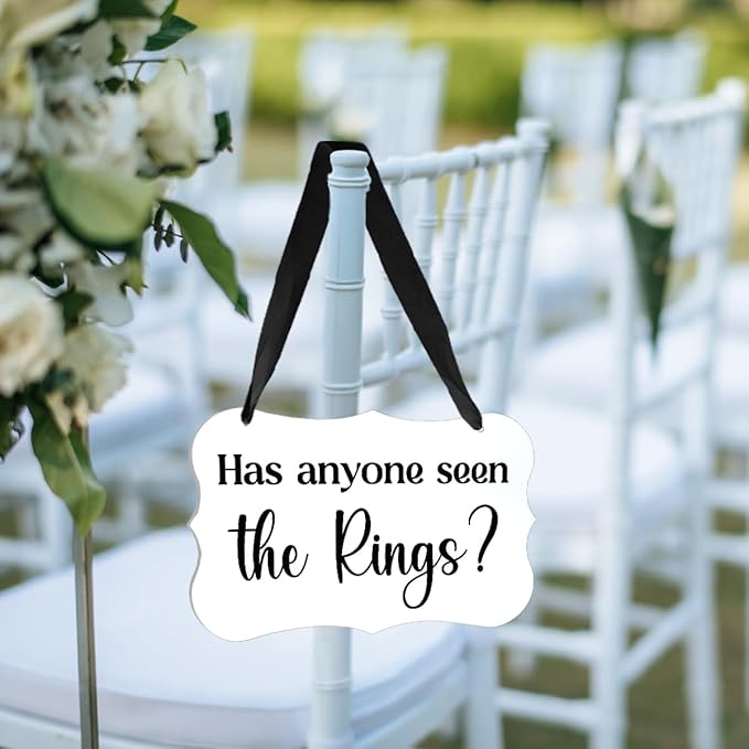 Acrylic Wedding Sign, Ring Bearer Sign, for Rustic Wedding Decor Signs, Acrylic Wall Art With Ribbon for Chairs Weddings Decoration and Event Party - Has Anyone Seen The Rings (White)