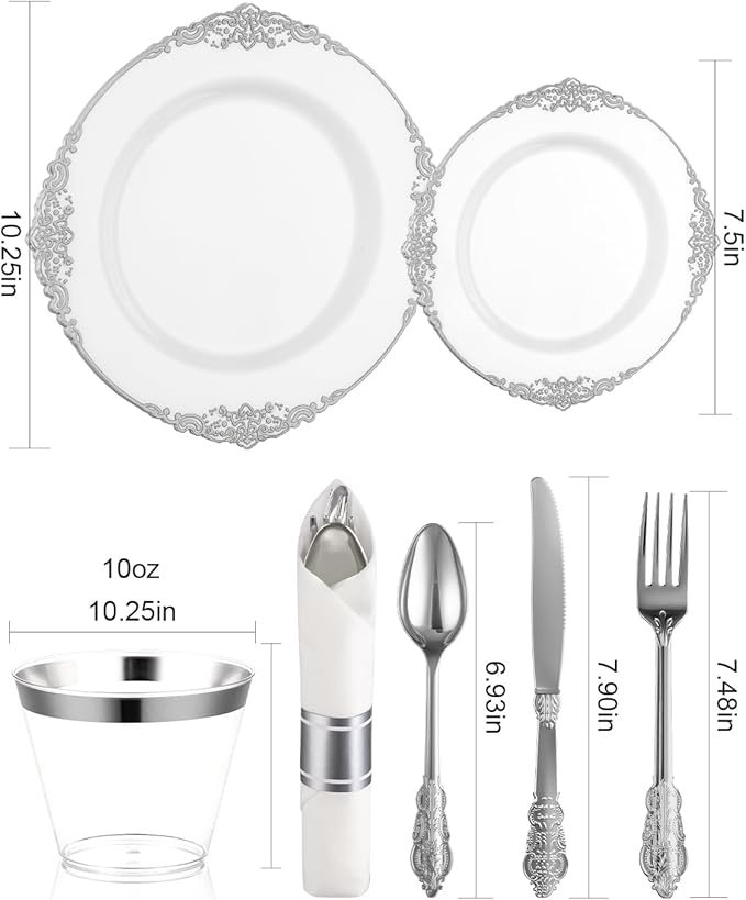 Goodluck 350 Piece Silver Plastic Dinnerware Set for 50 Guests, Fancy Disposable Plates, Include: 100 Silver Rim Plastic Plates, 150 Silverwares, 50 Pre Rolled Napkins, 50 Cups for Party, Wedding