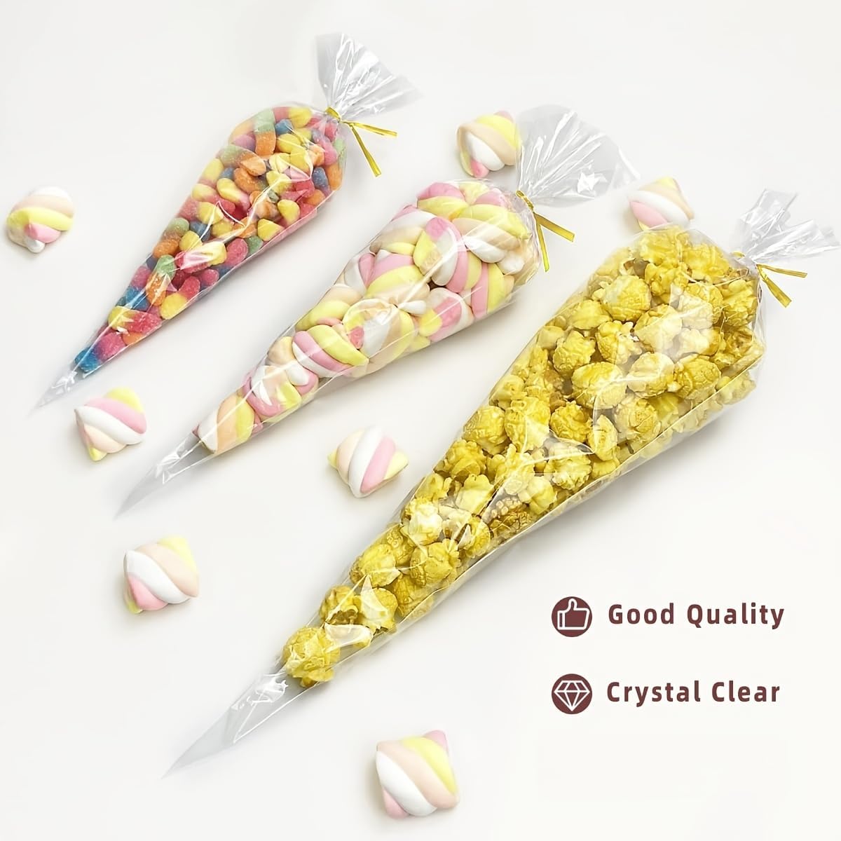 50pcs Clear Cone Cellophane Bags, Cello Cone-Shaped Treat Bags with Twist Ties, Plastic Triangle Bags for Popcorn and Candy Favors