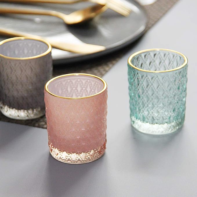 SHMILMH Pink Votive Candle Holders Set of 24, Pink Christmas Table Centerpiece Glass Tealight Holders Bulk with Gold Rim, Tea Candle Holder for Birthday Wedding Decor