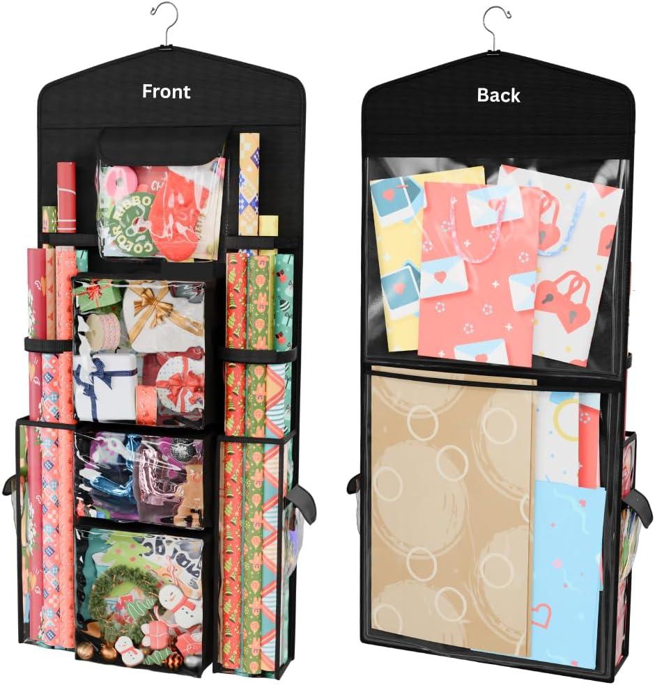 ProPik Hanging Double Sided Wrapping Paper Storage Organizer With Multiple Pockets Organize Your Gift Wrap, Gift Bags Bows Ribbons 40"X17" Fits 40 Inch Rolls Clear PVC Bag (Black)