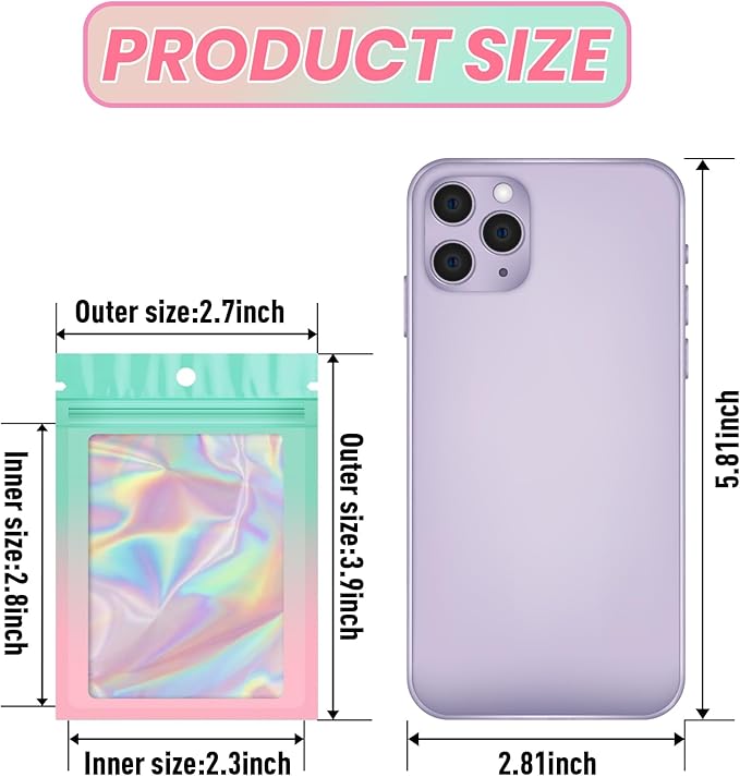 Funfery 100 Pack Gradient Holographic Bags,Mylar Resealable Bags with Zipper,Clear Window Packaging Pouchs,Smell Proof Foil Bag for Food Storage,Sample Jewelry Bag(2.7x3.9In,Green Pink)