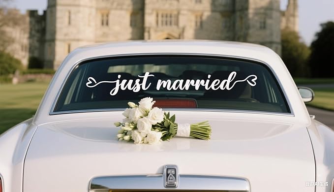 Just Married Vinyl Decal – White Wedding Car Sticker, 28 x 3.8 inch, Just Married Car Window Decal for Newlyweds, Waterproof Wedding Decoration for Rear Windshield or Bumper.