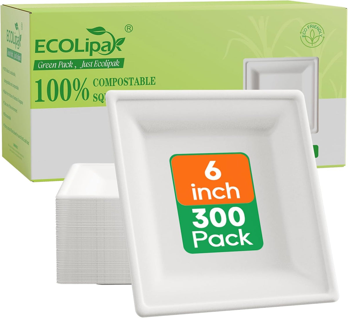 ecolipak 6 inch compostable square paper plates, 300, main product view