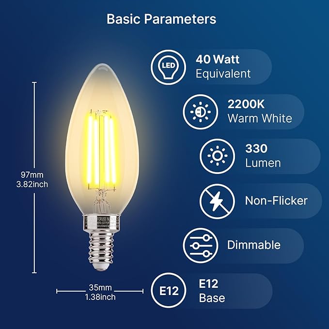 FLSNT 40W Equivalent LED Chandelier Light Bulbs, Dimmable Amber LED B11 E12 Candelabra Base Bulbs, 2200K Warm White, 330LM, 6 Pack UL,CA65 Listed.