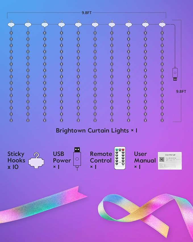 Brightown Smart Curtain String Lights - 9.8ft 300 LED Fairy Lights with APP Remote, 8 Modes, USB Powered Waterproof Christmas Hanging Lights for Bedroom Wedding Party, Multicolor
